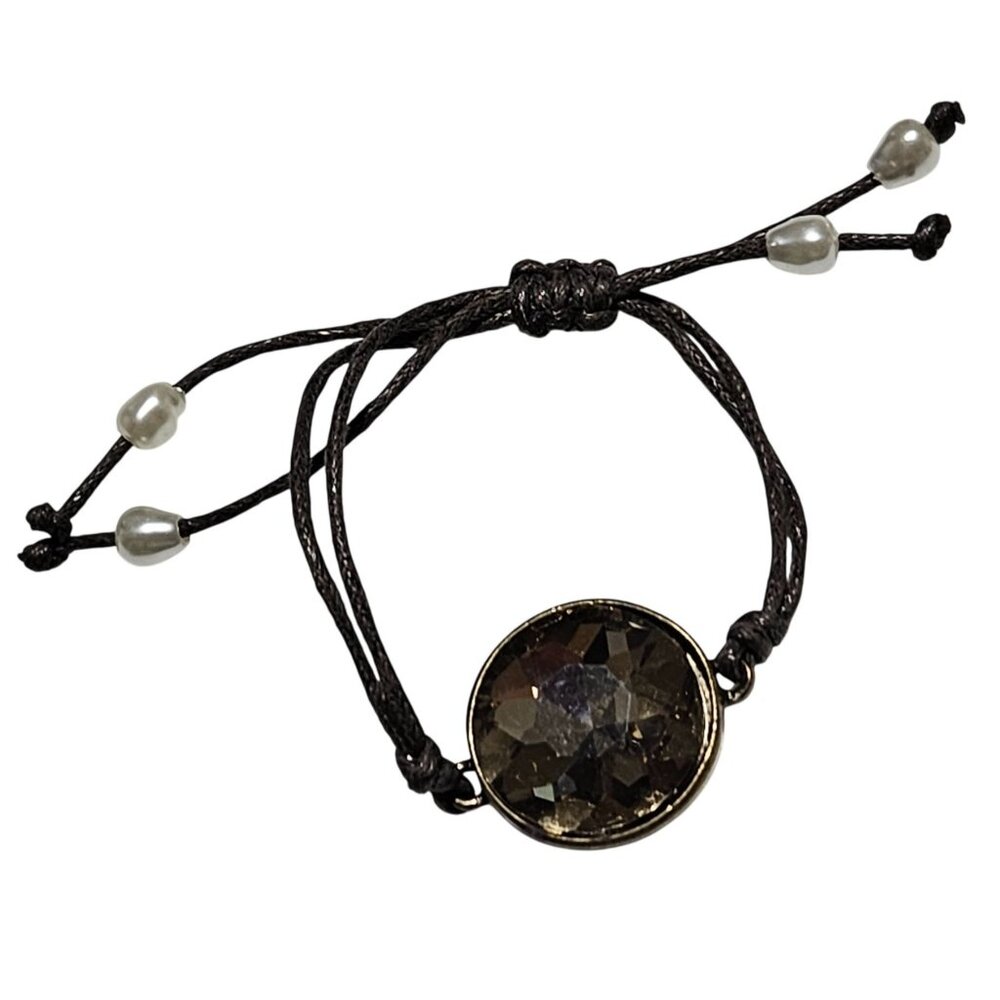 Boho Smoky Crystal Faux Pearl Bracelet Adjustable Brown Cord Fashion Jewelry